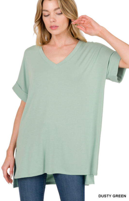 ROLLED SHORT SLEEVE SIDE SLIT HI-LOW HEM TOP (S-3X)- Dusty Green