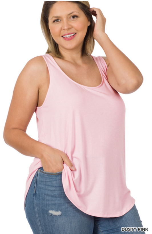 PLUS SLEEVELESS ROUND NECK ROUND HEM TOP (1X-3X)- Dusty Pink