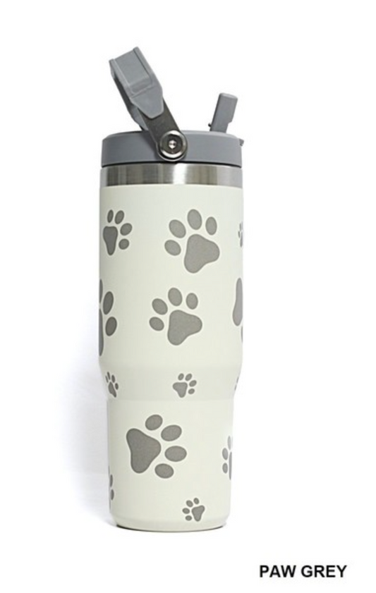 3D UV PRINTED 30 OZ STAINLESS STEEL FLIP STRAW TUMBLER- Paw Print