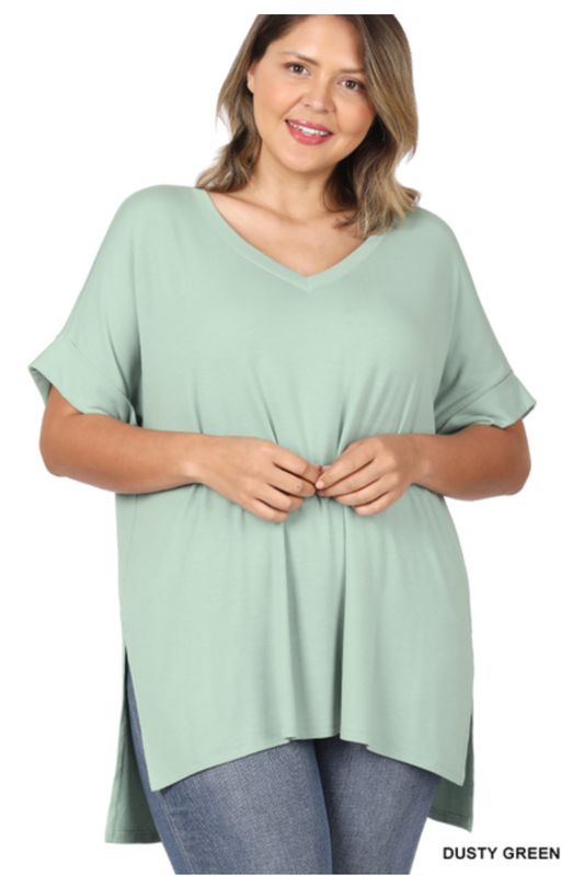 ROLLED SHORT SLEEVE SIDE SLIT HI-LOW HEM TOP (S-3X)- Dusty Green